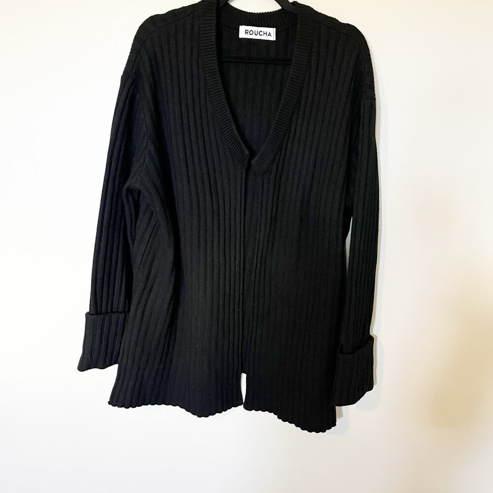 Roucha black merino wool large ribbed knit open sweater cardigan size “D” XL